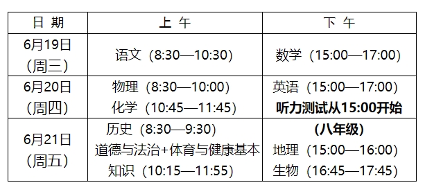 2024年福建省中考统一考试科目和时间安排的通知