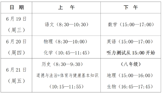 2024年泉州中考时间一览