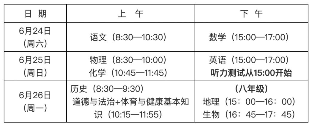 龙岩中考考试时间及考试科目安排内容